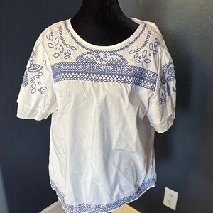 Banana Republic White Blouse with Blue Embroidery